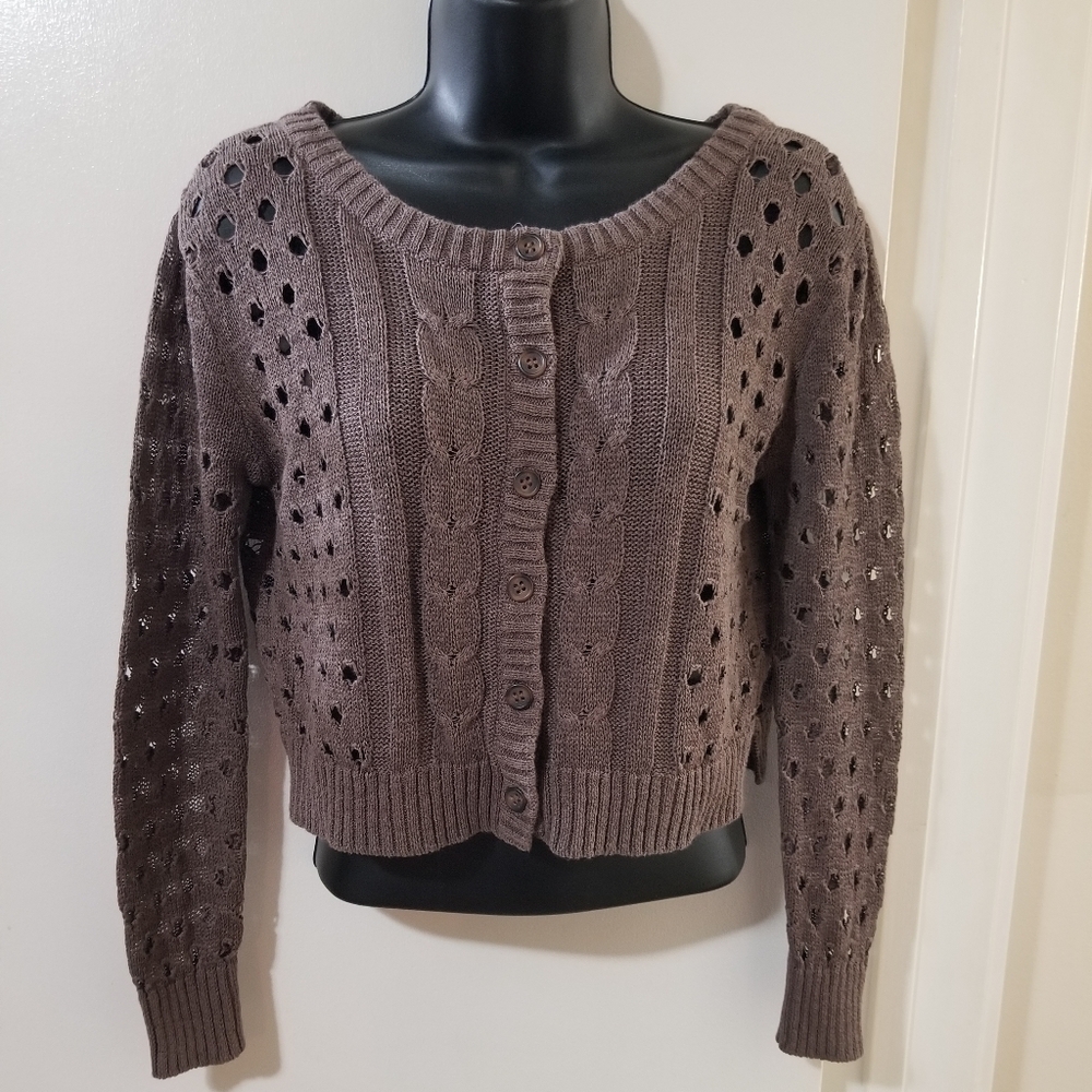 Yoon Brown Cable Knit Eyelet Cardigan Cropped Sweater Chunky Cozy M